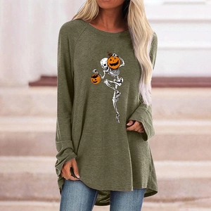 Detail of Halloween skeleton and pumpkin print on olive green long sleeve sweatshirt