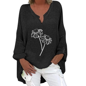 Women's black V-neck long sleeve cotton linen shirt with minimalist white daisy floral print