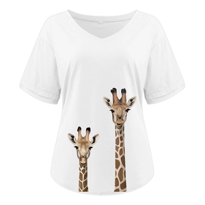 Detailed close-up of V-neck white T-shirt featuring realistic giraffe art print and M label