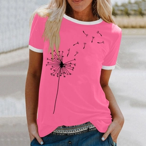 Detail of pink t-shirt with dandelion print and white contrast trim on neckline and sleeves