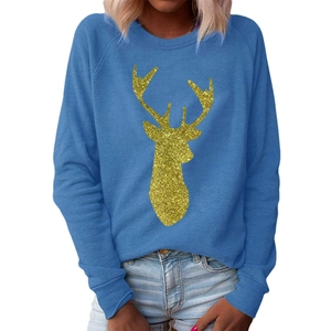 Blauer Weihnachts-Sweatshirt mit goldenem Glitzer-Rentier-Druck für Damen, Langarm-Rundhals