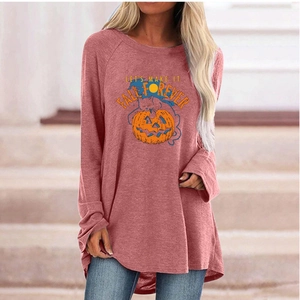 Detail view of pink Halloween long sleeve T-shirt with pumpkin and cat print
