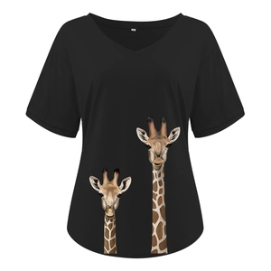 Detailed close-up of V-neckline and creative giraffe graphic print on black T-shirt