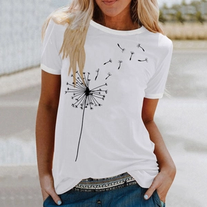 Detailed close-up of a white cotton T-shirt featuring a blowing dandelion print design