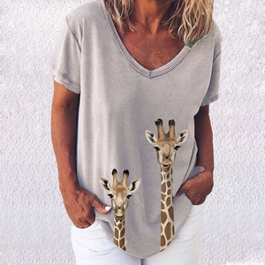 Women's V-neck short sleeve T-shirt in taupe featuring a creative giraffe print design