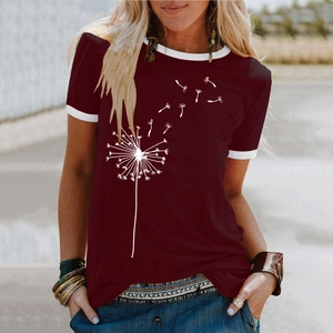 Detail of burgundy T-shirt with dandelion print and contrast white trim on collar