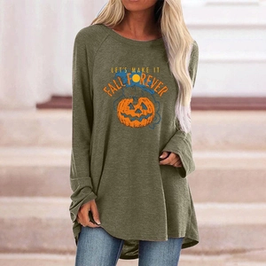 Detail of pumpkin print and Let's Make It Fall Forever text on olive green long sleeve tee