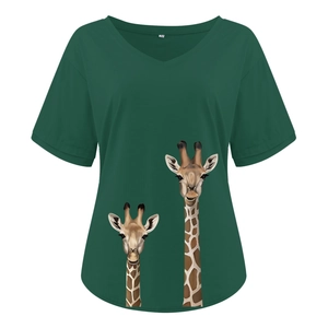 Detail of V-neck dark green T-shirt featuring a realistic twin giraffe graphic print