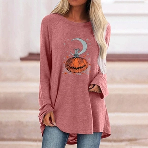 Detail of Halloween pumpkin and moon print on oversized mauve long sleeve shirt