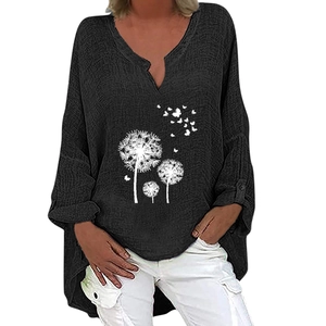 Detail of V-neck cotton linen shirt featuring white dandelion and butterfly print on black