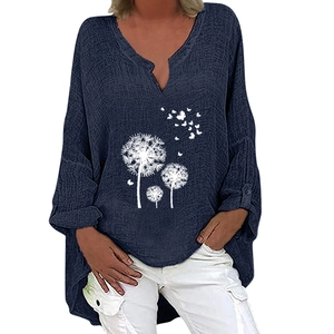 Detail of V-neck long sleeve navy blue linen top with white dandelion and butterfly print