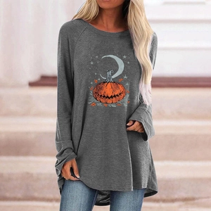 Close-up of Halloween pumpkin and crescent moon print on long sleeve t-shirt