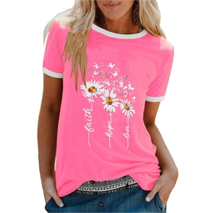 Close-up of daisy print with faith hope love text on pink contrast sleeve t-shirt