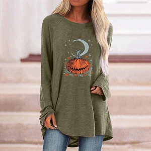 Detailed view of Halloween pumpkin print on oversized army green long sleeve shirt