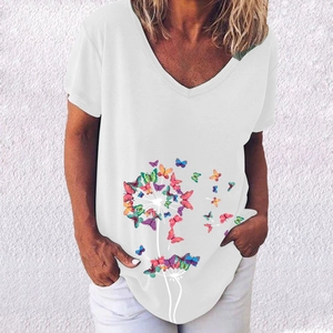 Close-up of colorful butterfly dandelion print on a white V-neck short sleeve T-shirt