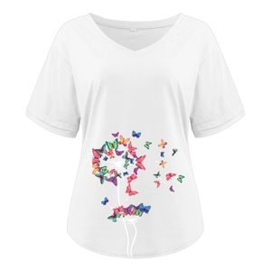 Close-up of white V-neck T-shirt showing detailed butterfly dandelion print and neck label