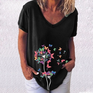 Detail of colorful butterfly dandelion print on black V-neck short sleeve cotton t-shirt