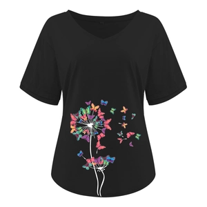 Detail of V-neckline and colorful butterfly dandelion print on black women's cotton t-shirt