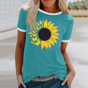 Women's teal summer T-shirt featuring sunflower butterfly print and white trim contrast
