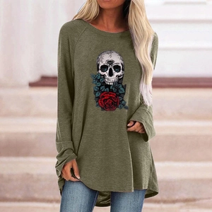 Detail of Gothic skull and red rose floral print on army green long sleeve T-shirt