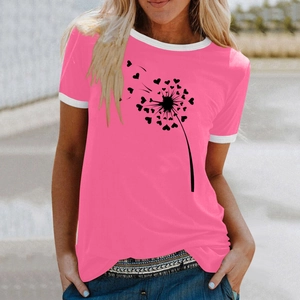 Pink short sleeve T-shirt with white contrast edges and creative heart dandelion print