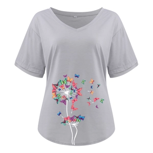 Detail of V-neckline and colorful butterfly dandelion print on grey cotton t-shirt