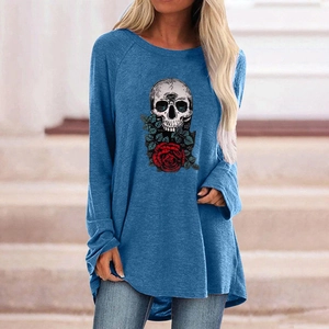 Detail of the skull and red roses print on long-sleeved gothic oversized t-shirt