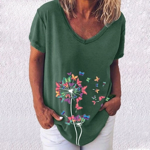 Close-up of V-neck dark green T-shirt featuring creative dandelion and butterfly print