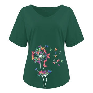 Detail of V-neck short sleeve T-shirt with colorful butterfly dandelion print in dark green