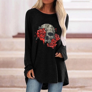 Detail view of a black Gothic long-sleeve tee with skull and red rose graphic print