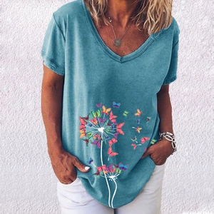 Detail of V-neck short sleeve T-shirt with vibrant butterfly and dandelion print