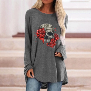 Detail of grey Gothic long sleeve shirt featuring skull and red rose graphic print