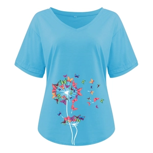 Close-up of V-neckline detail with M size tag on light blue butterfly dandelion T-shirt