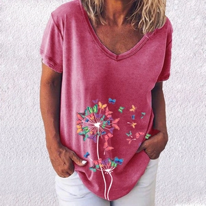 Detailed view of women's V-neck T-shirt showing vintage red fabric and butterfly print