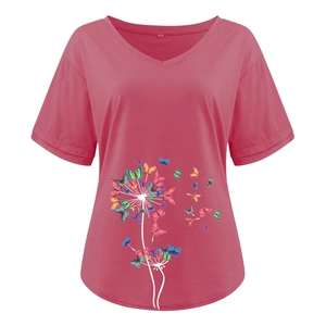Detail of V-neck and artistic butterfly dandelion print on dark pink short sleeve t-shirt