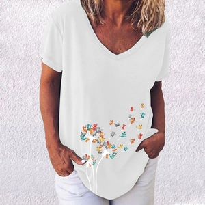 Detail of V-neck white T-shirt featuring creative colorful cat dandelion floral print