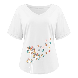 Detail of V-neck white tee with creative dandelion and colorful cat print graphic