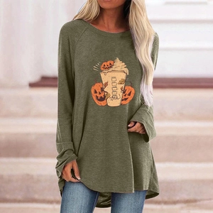 Olive green Halloween pumpkin long sleeve loose t-shirt for women in autumn style