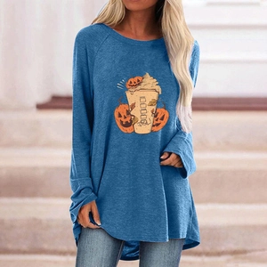 Close-up of Halloween pumpkin and coffee cup print on blue long-sleeve gothic shirt