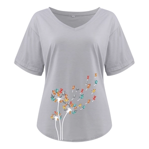 Detail of grey V-neck T-shirt showing dandelion cat print and soft fabric texture