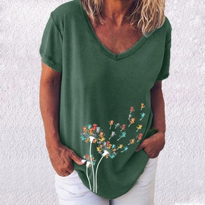 Detail of creative cat and dandelion print on a dark green V-neck short sleeve T-shirt
