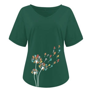 Detailed close-up of dark green V-neck T-shirt with dandelion and cat print