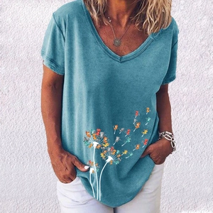 Close-up of creative dandelion cat print on teal V-neck short sleeve casual T-shirt