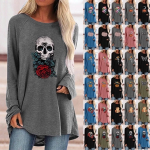 Women Halloween Long Sleeve T-Shirt Gothic Skull Pumpkin Print Loose Longline Cotton Blend Casual Top Holiday Tee Shirt
