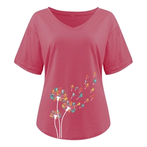 Detail of V-neck women's t-shirt showing dandelion pattern made of tiny colored cats