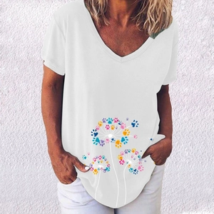 Close-up of white V-neck T-shirt with a colorful paw print dandelion graphic