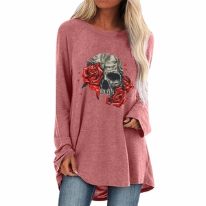 Pink long sleeve Halloween gothic t-shirt with skull and red rose graphic print