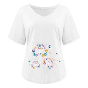Close-up of elegant V-neck white T-shirt featuring colorful paw print dandelion patterns
