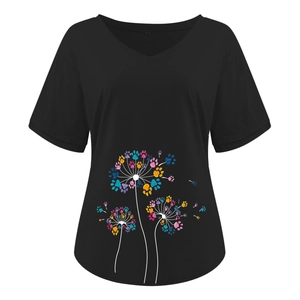 Detail of V-neck collar showing size M label and dandelion print with colorful paw prints