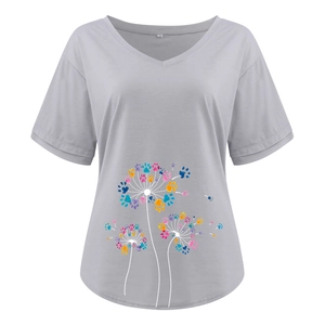 Detail of grey V-neck T-shirt featuring artistic colorful dandelion prints and soft texture